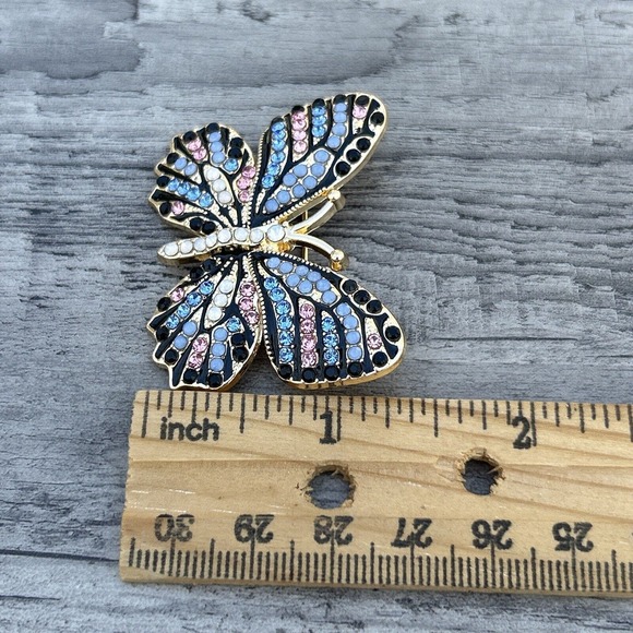 Butterfly Brooch Pin Pave Goldtone Metal Multicolored Crystals Modern - Picture 11 of 11